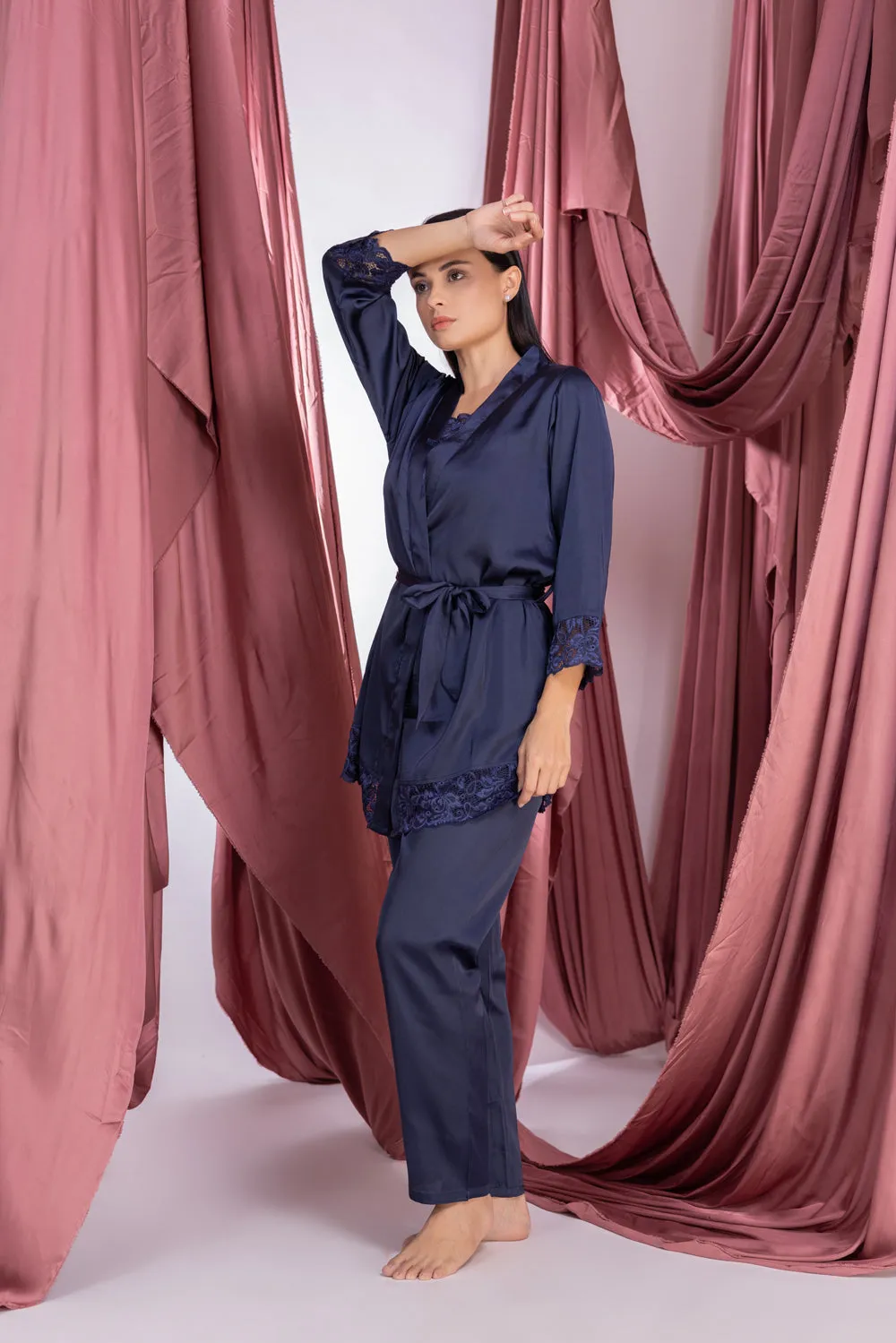 Navy blue satin Night suit with robe