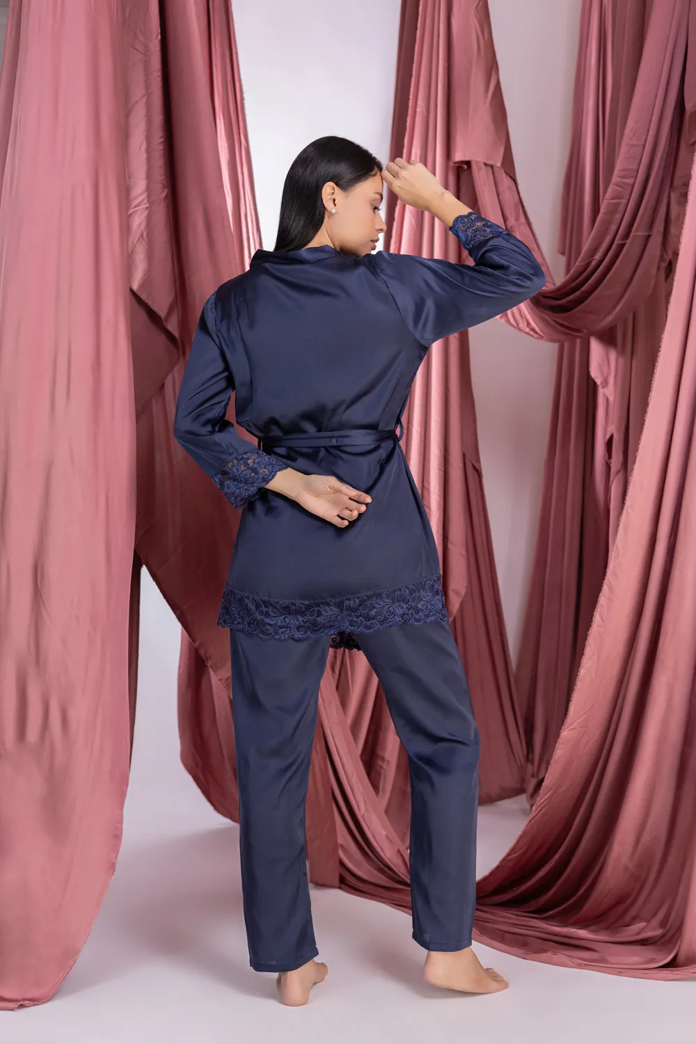 Navy blue satin Night suit with robe