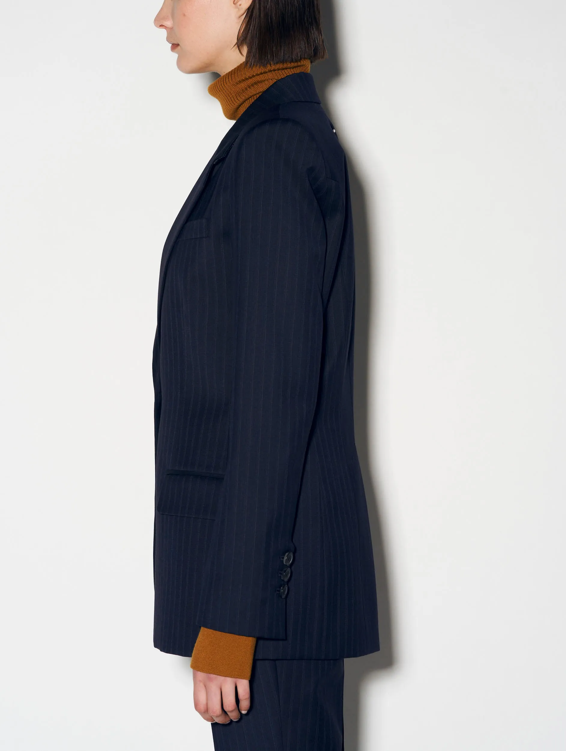 Navy striped stretch wool suit jacket