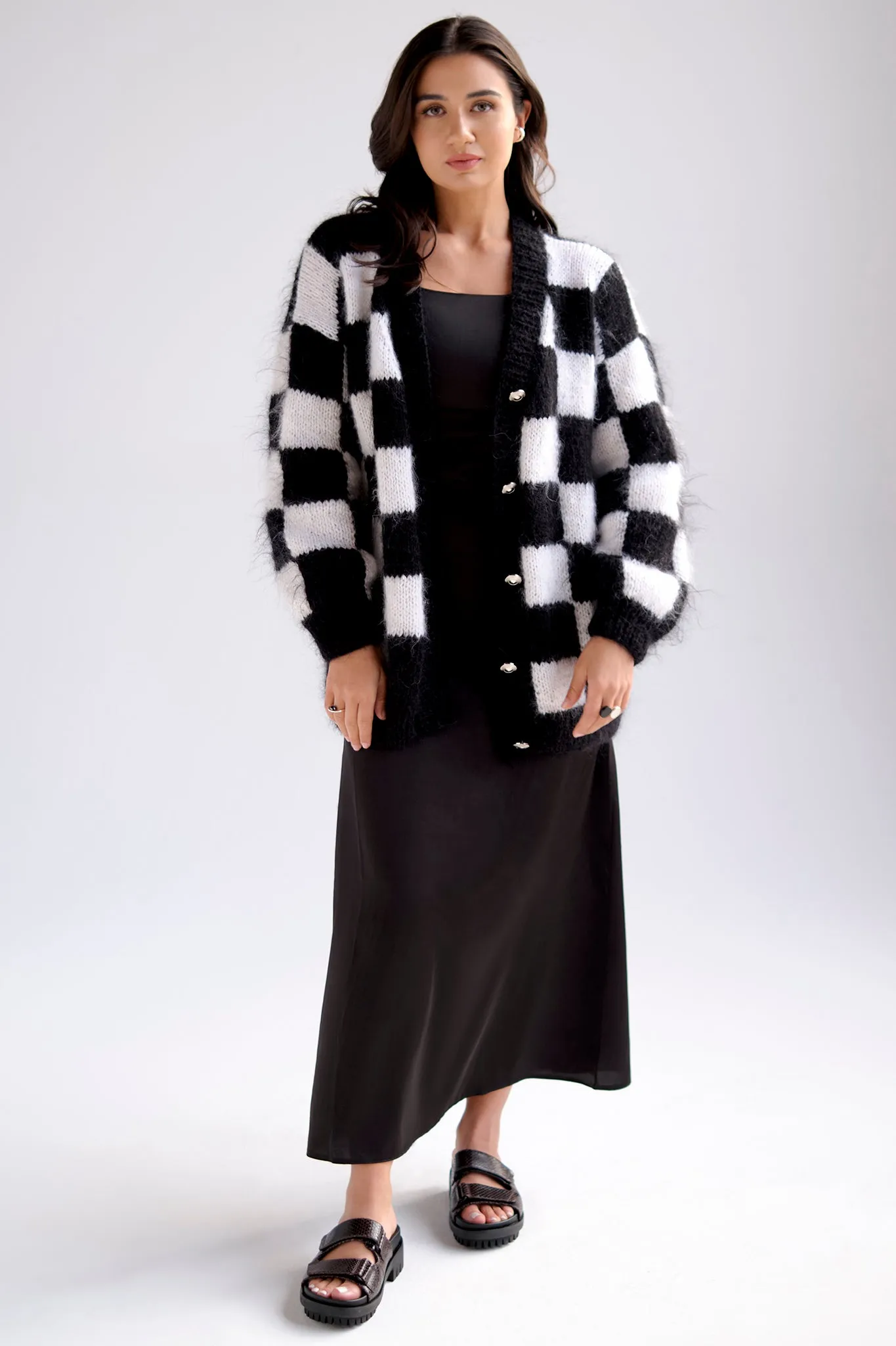 Oversized angora wool chess cardigan in black and white