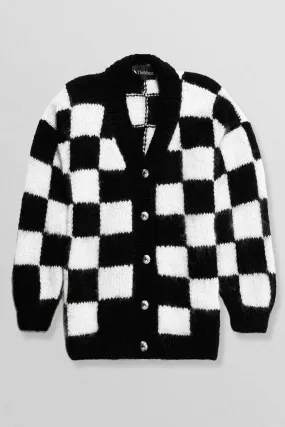 Oversized angora wool chess cardigan in black and white