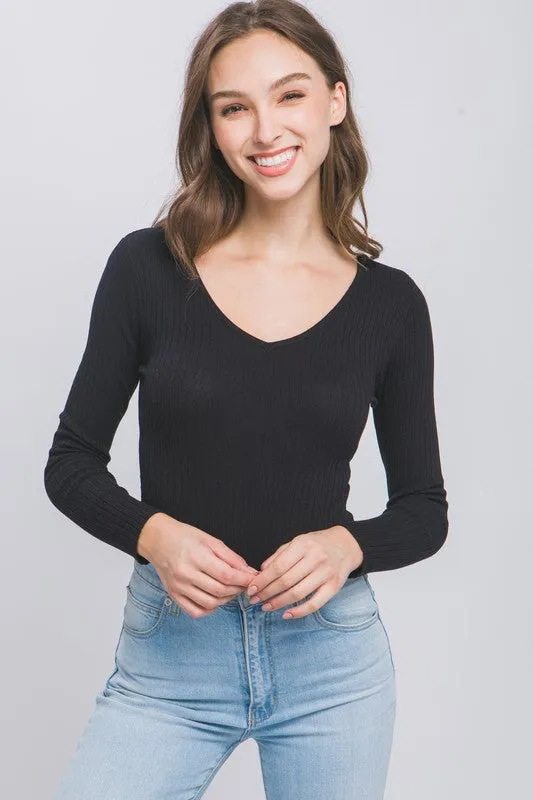 Paris V Neckline Yarn Long Sleeve Body Suit S-XL