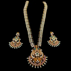 Peacock & Pearl Matte Antique Gold Long Haaram Necklace set