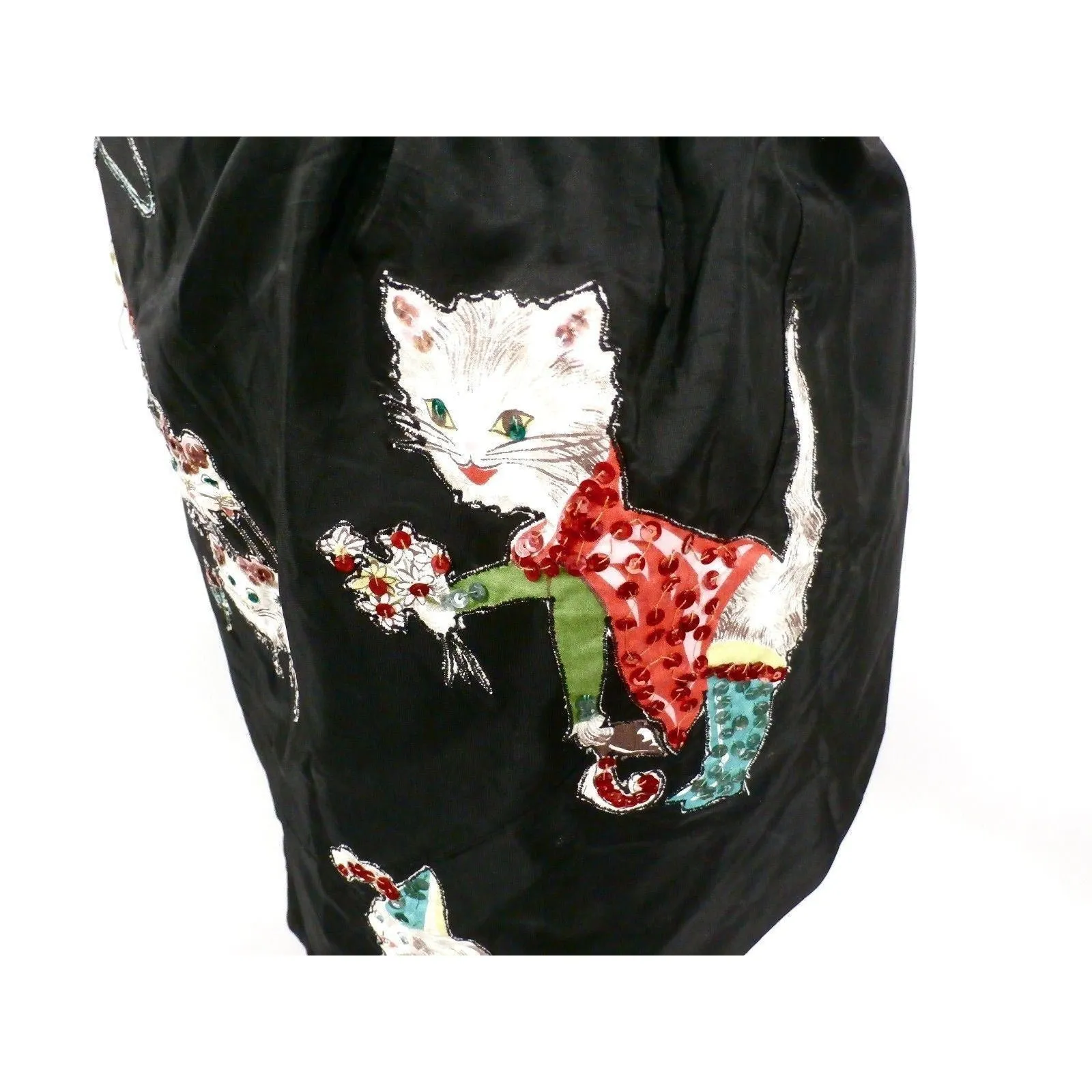 Retro VTG 50s Kitchen Apron Black Taffeta Kittens Cat Appliques Sequins Sue-Set