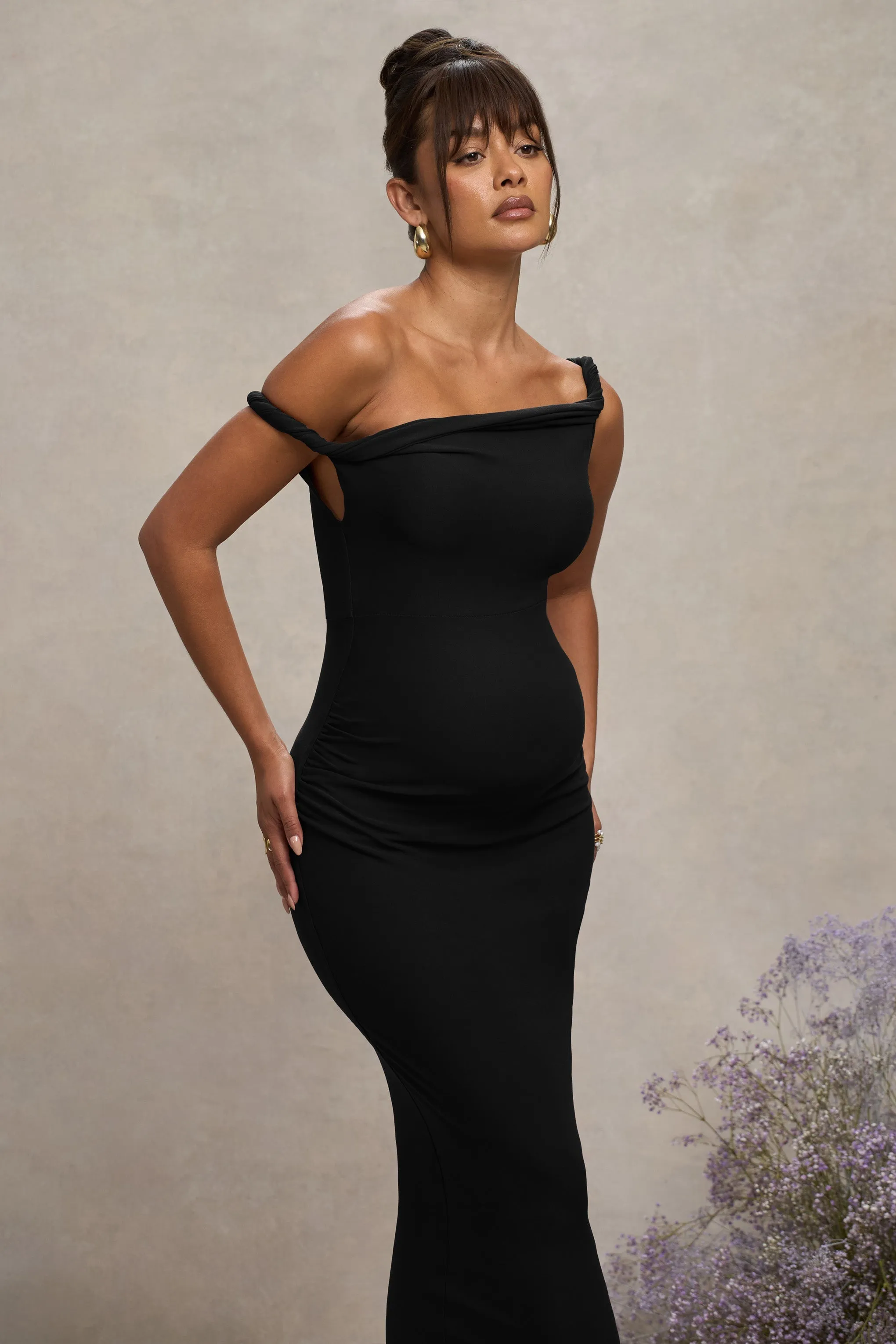 Salome | Robe Maternité Midi Noire Asymétrique Torsadée