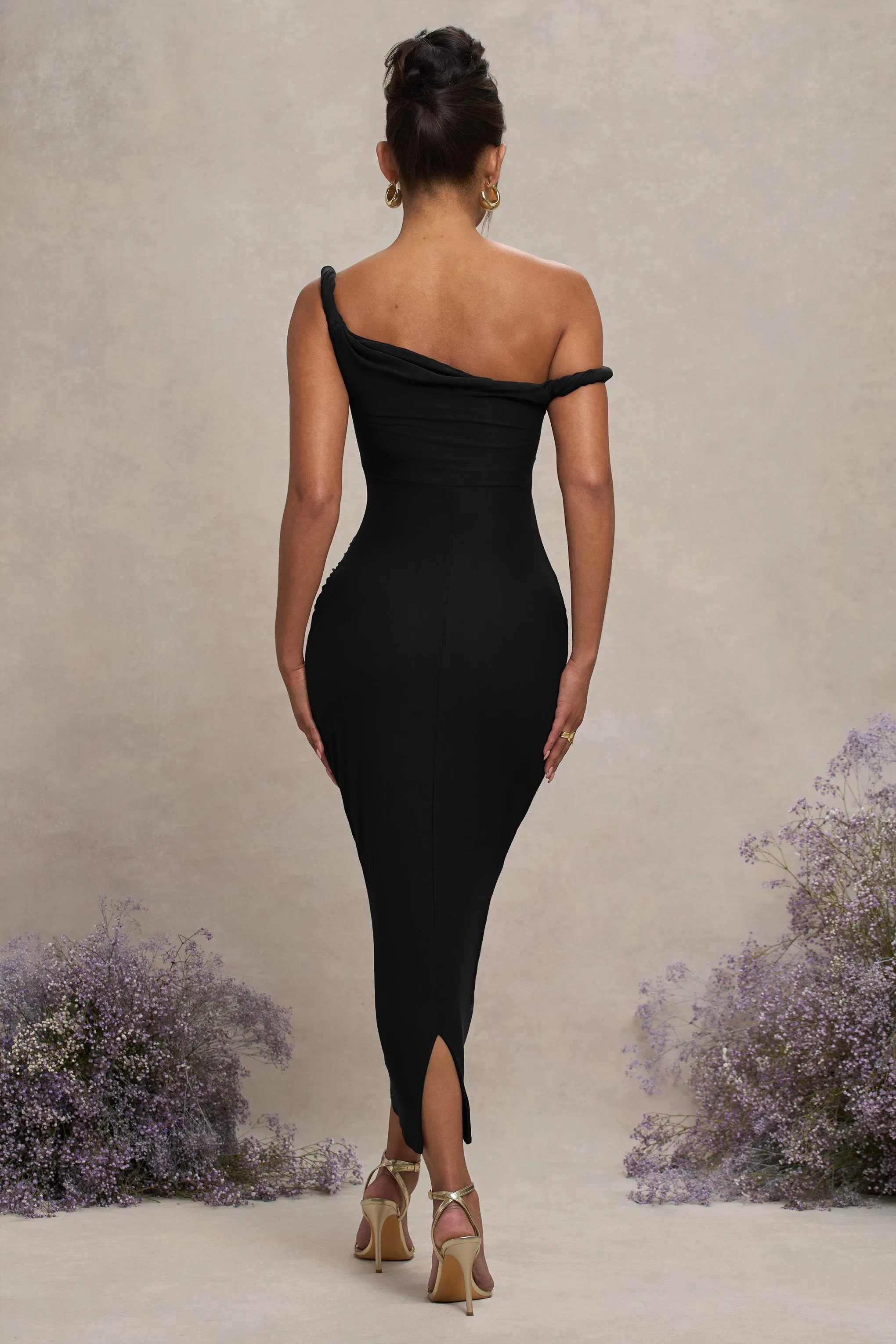 Salome | Robe Maternité Midi Noire Asymétrique Torsadée