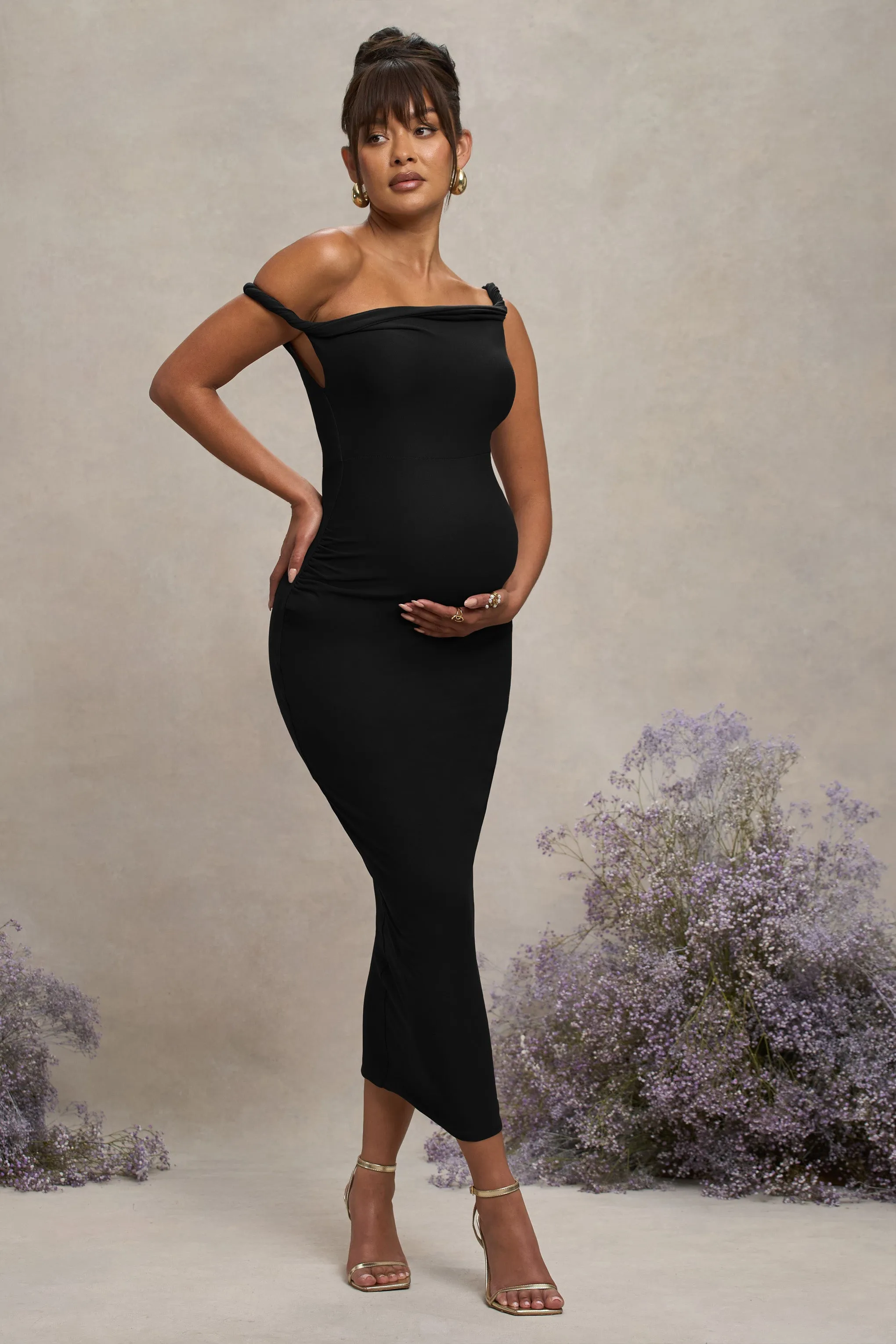 Salome | Robe Maternité Midi Noire Asymétrique Torsadée