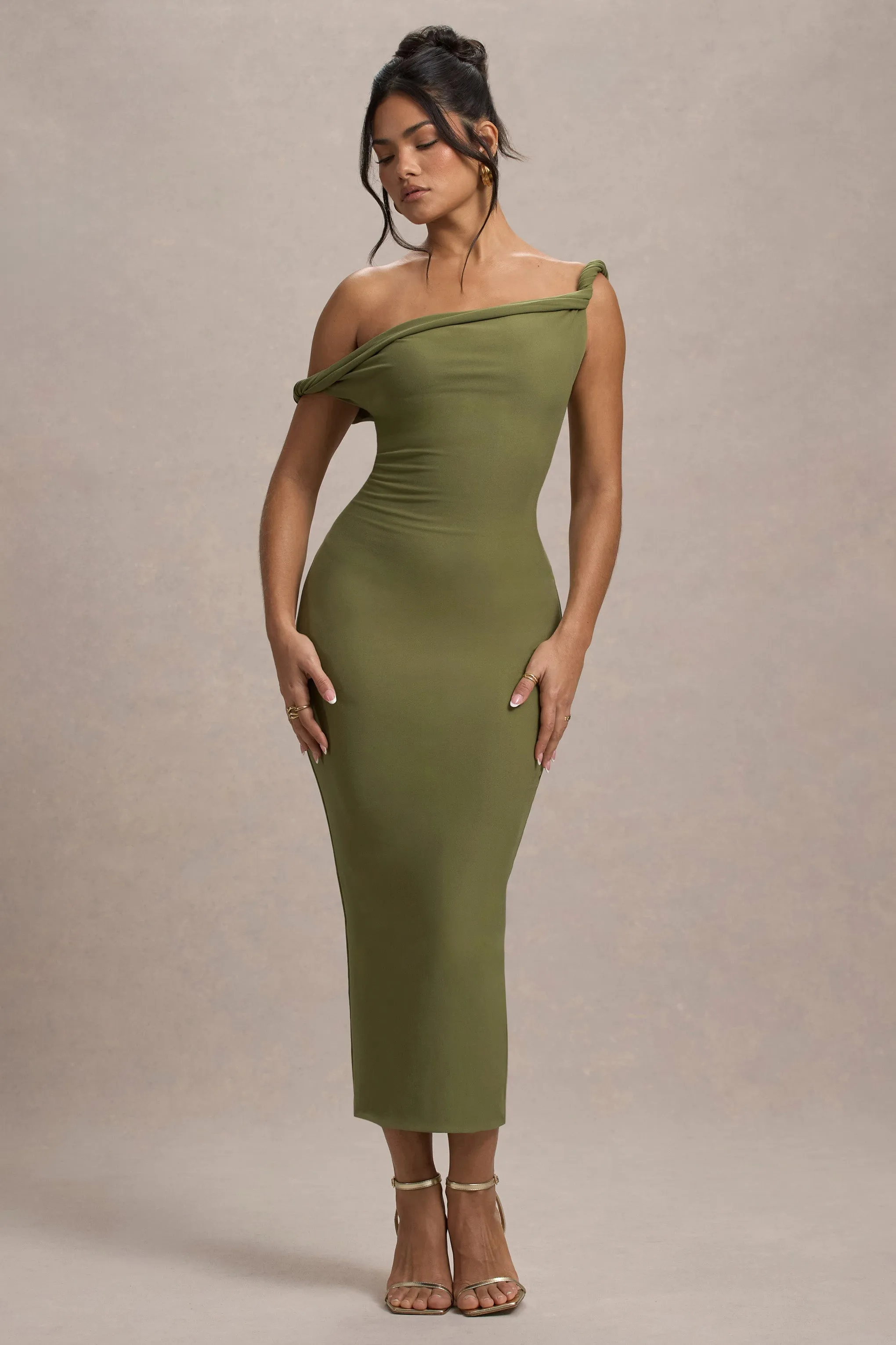 Salome | Robe mi-longue vert olive torsadée et asymétrique