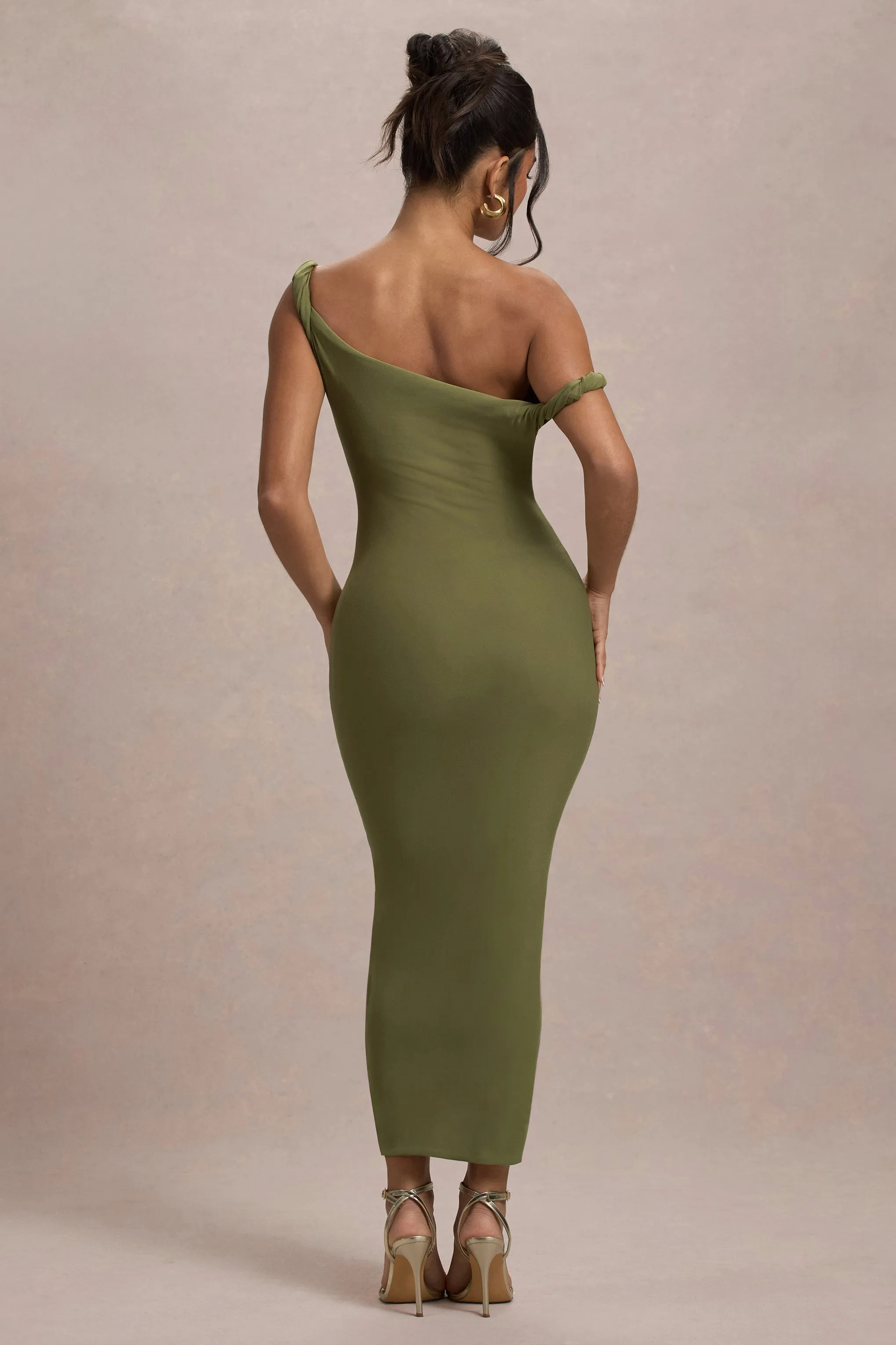 Salome | Robe mi-longue vert olive torsadée et asymétrique