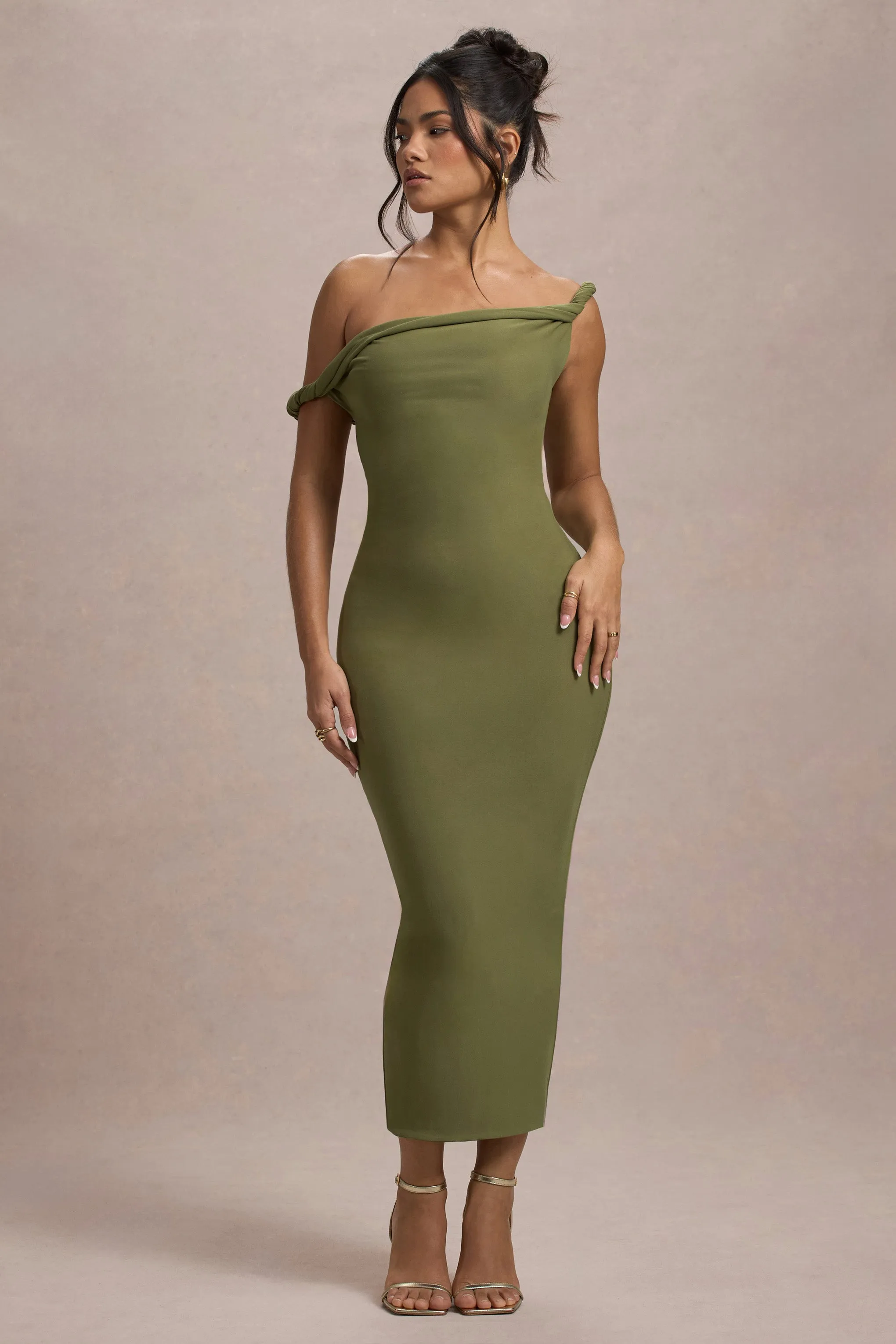 Salome | Robe mi-longue vert olive torsadée et asymétrique