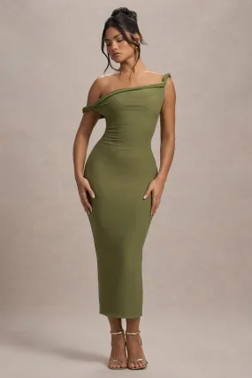 Salome | Robe mi-longue vert olive torsadée et asymétrique