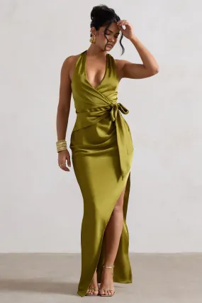 Santorini | Robe longue en satin olive avec décolleté plongeant croisé