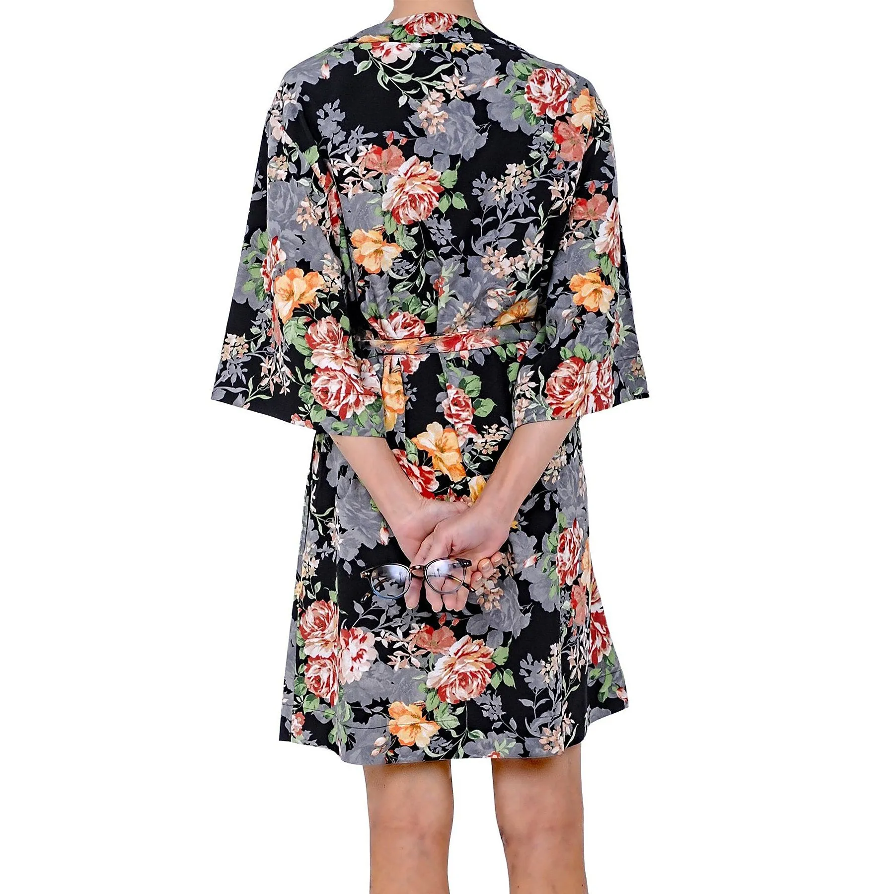 Short Black Ground Floral Print Wrap Robe