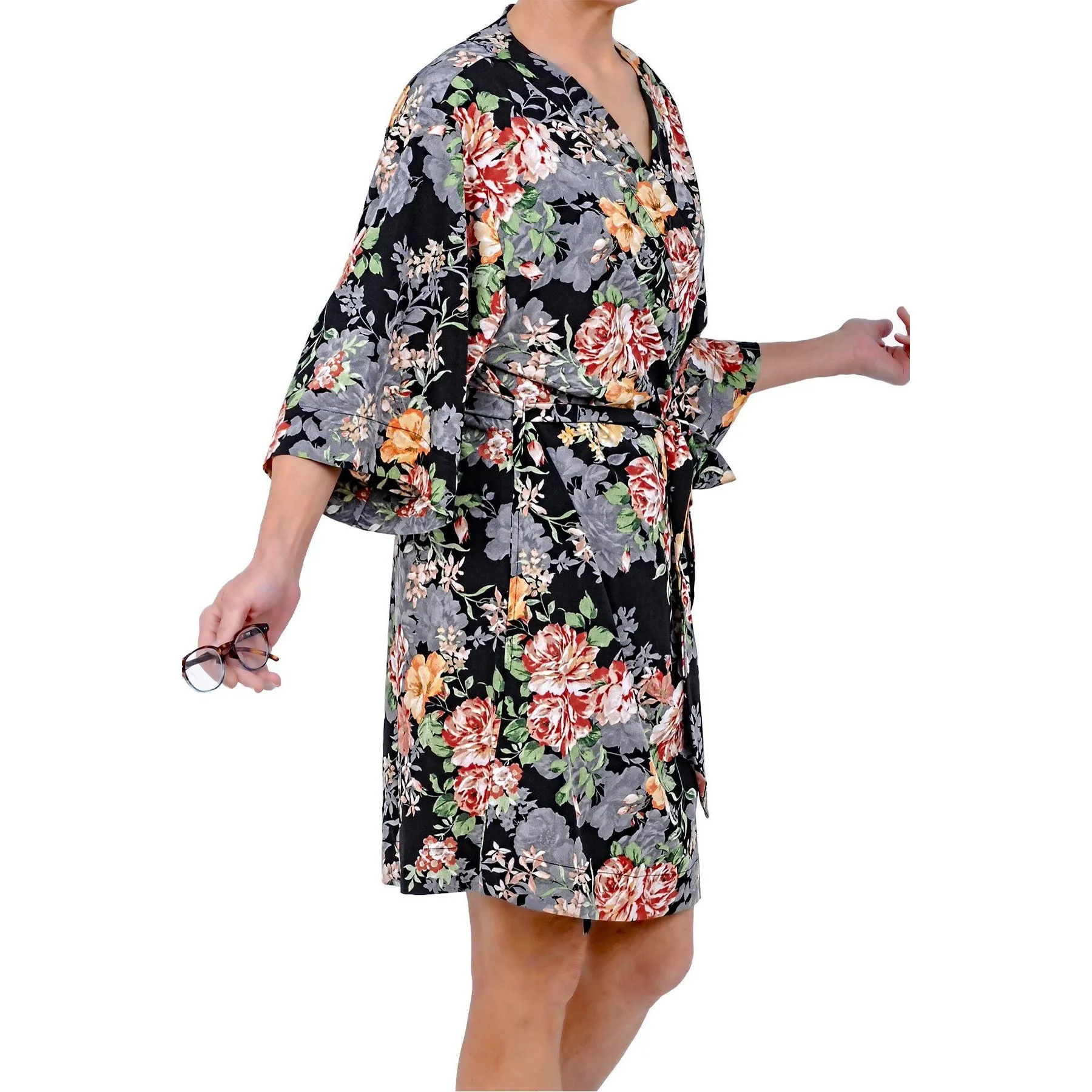 Short Black Ground Floral Print Wrap Robe