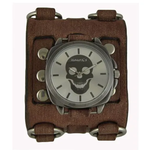 Skull Head Silver Watch with Ring Distressed Brown Leather Triple Strap Cuff