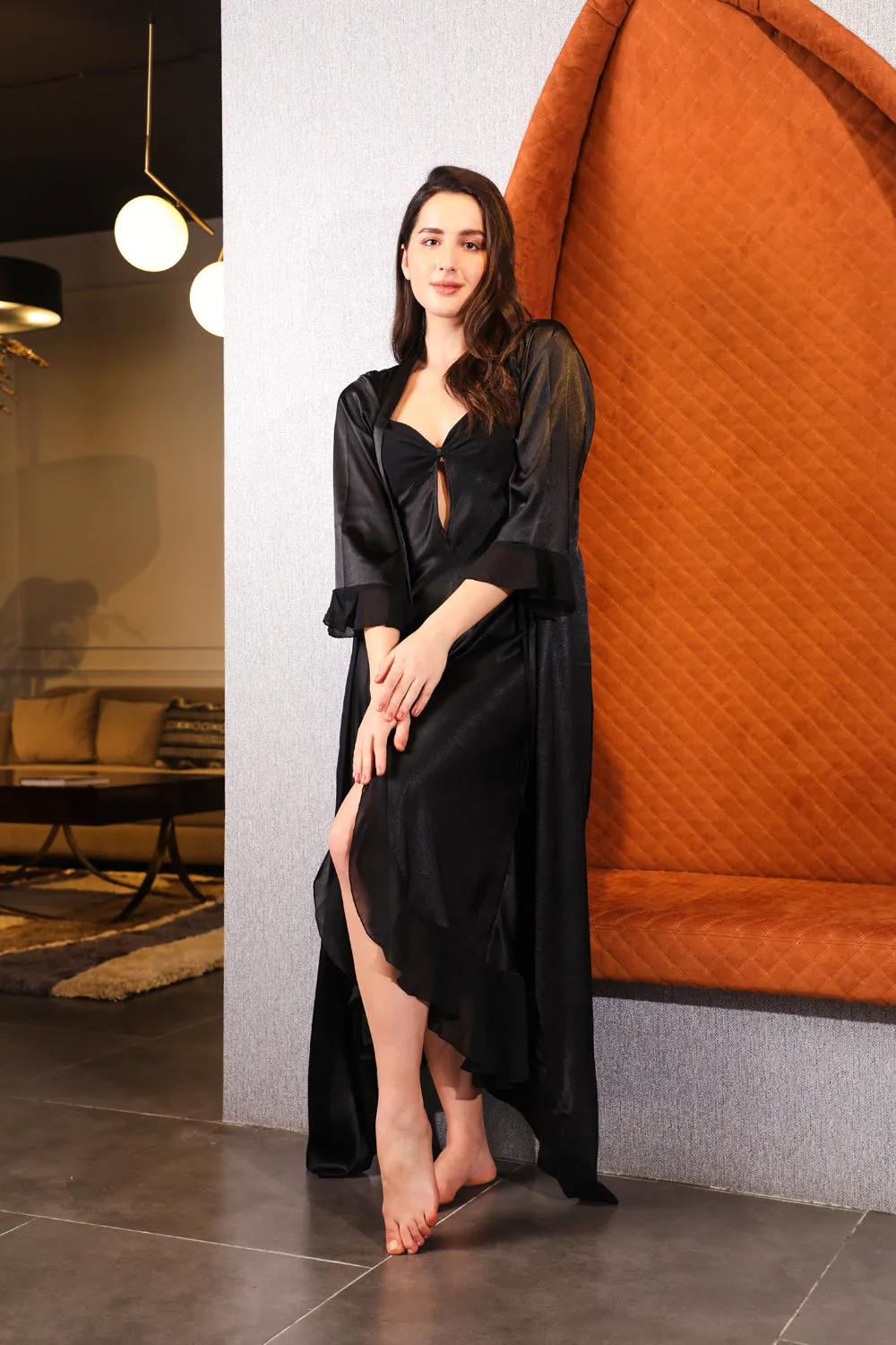 The Emma-line black satin Nightgown set