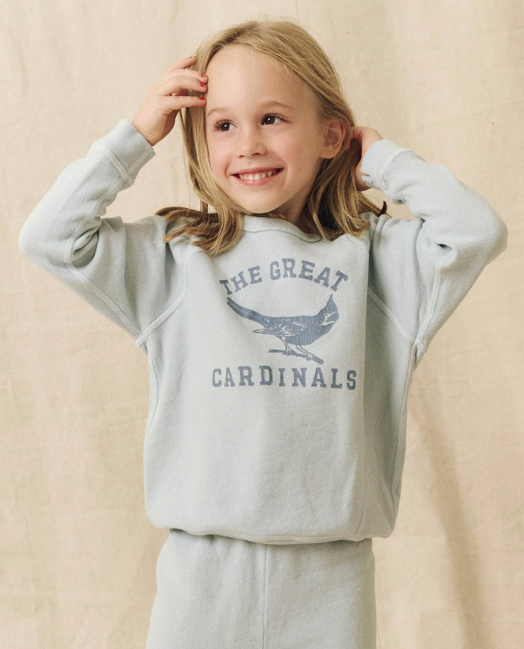 The Little College Sweatshirt. Graphic -- Light Sky with Perched Cardinal Graphic