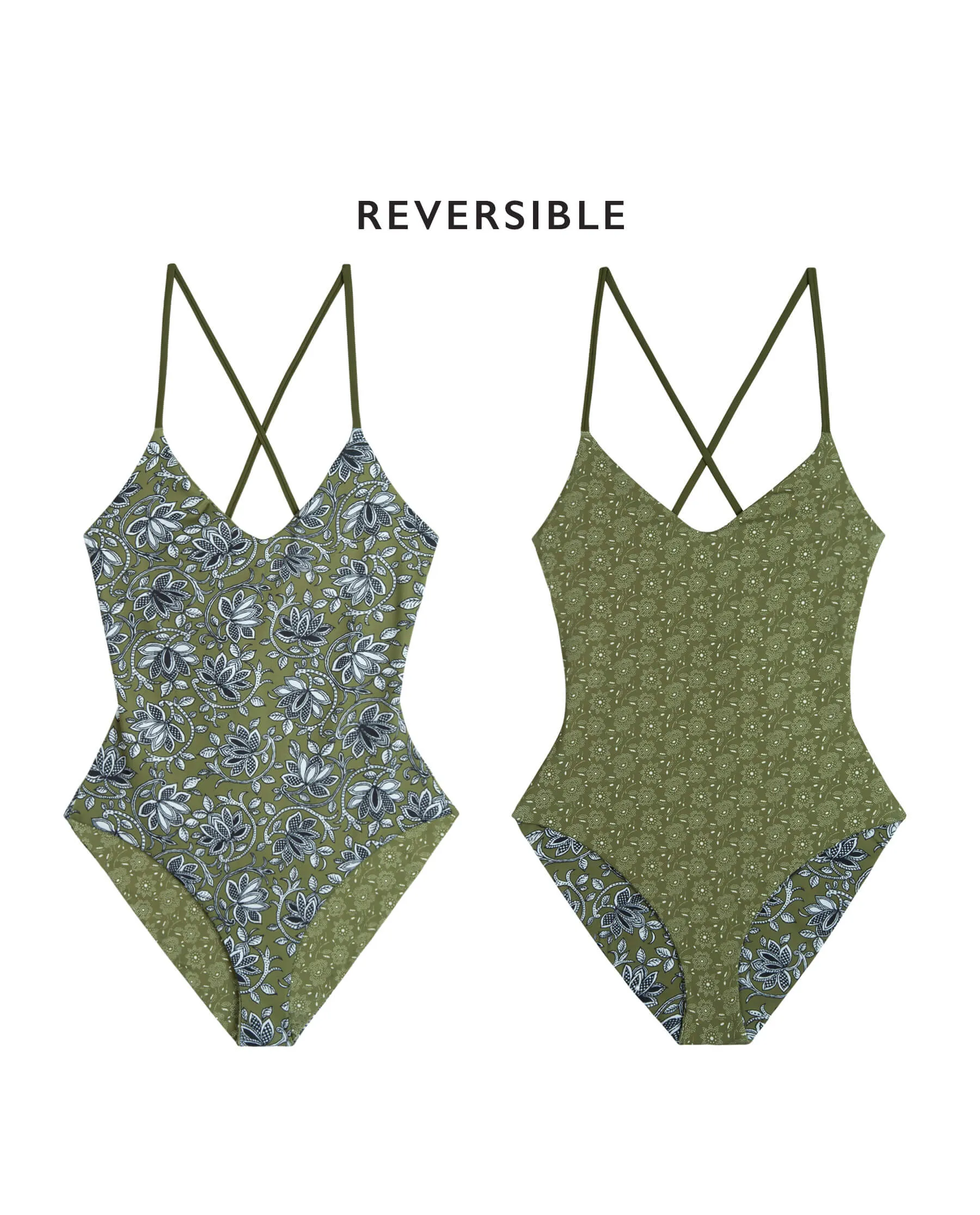 The Reversible Lace Up One Piece. -- Army Oasis Floral and Army Bandana Daisy