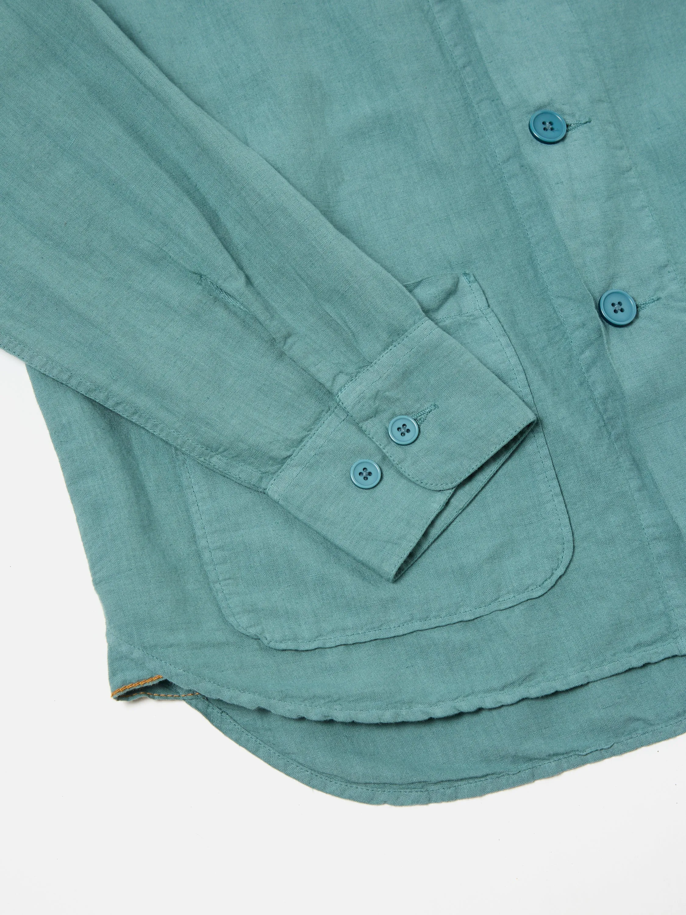 Universal Works Travail Shirt in Sea Blue Linen Cotton Shirting