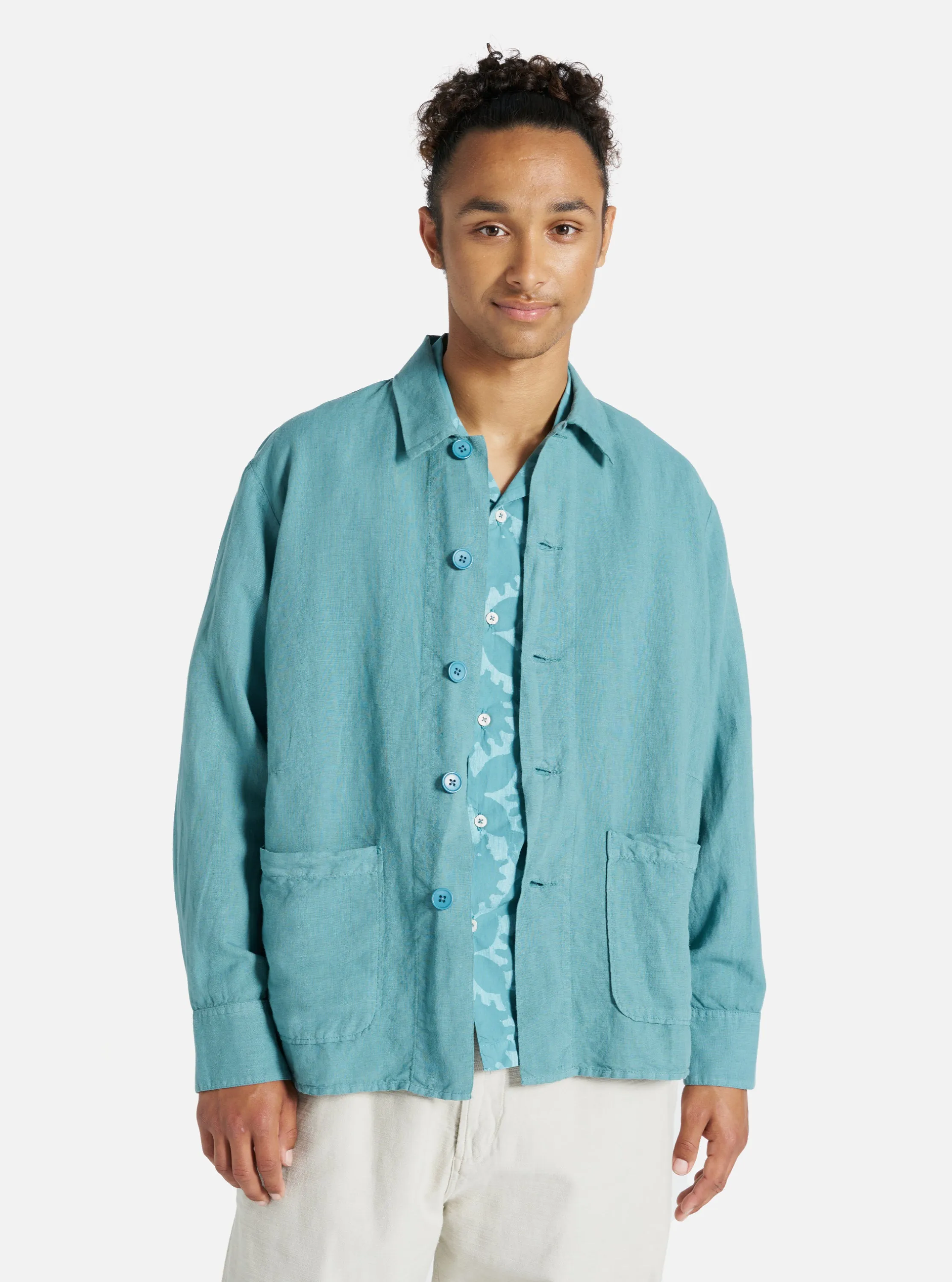 Universal Works Travail Shirt in Sea Blue Linen Cotton Shirting