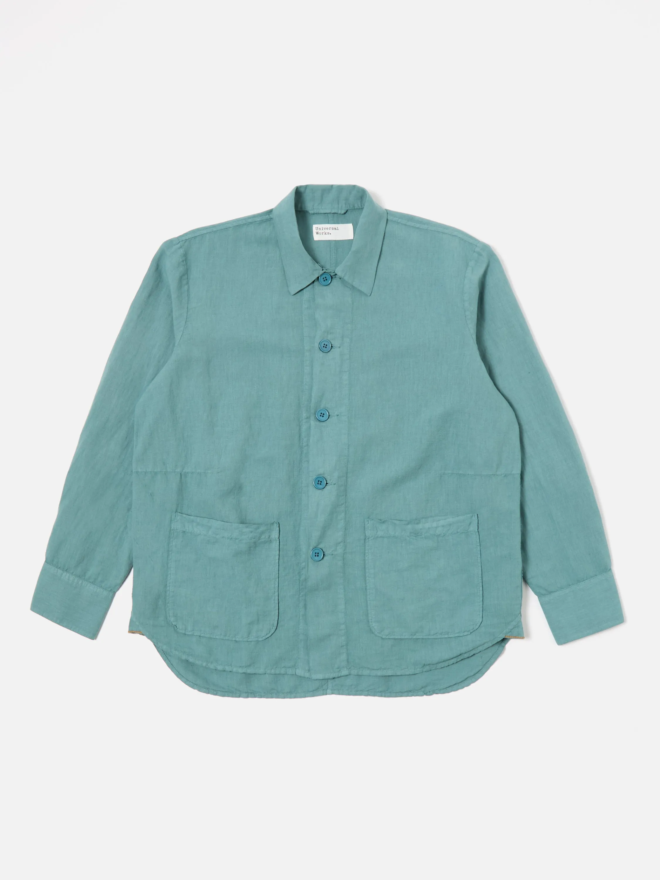 Universal Works Travail Shirt in Sea Blue Linen Cotton Shirting