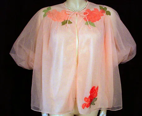 *VINTAGE VAN RAALTE MYTH PEACH DOUBLE NYLON PEIGNOIR & NIGHTGOWN SET WITH LACE APPLIQUES